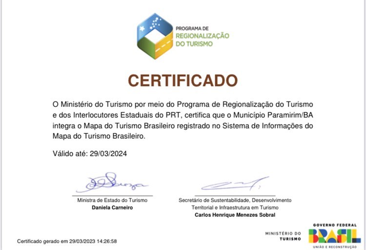 Paramirim integra do Mapa do Turismo Brasileiro