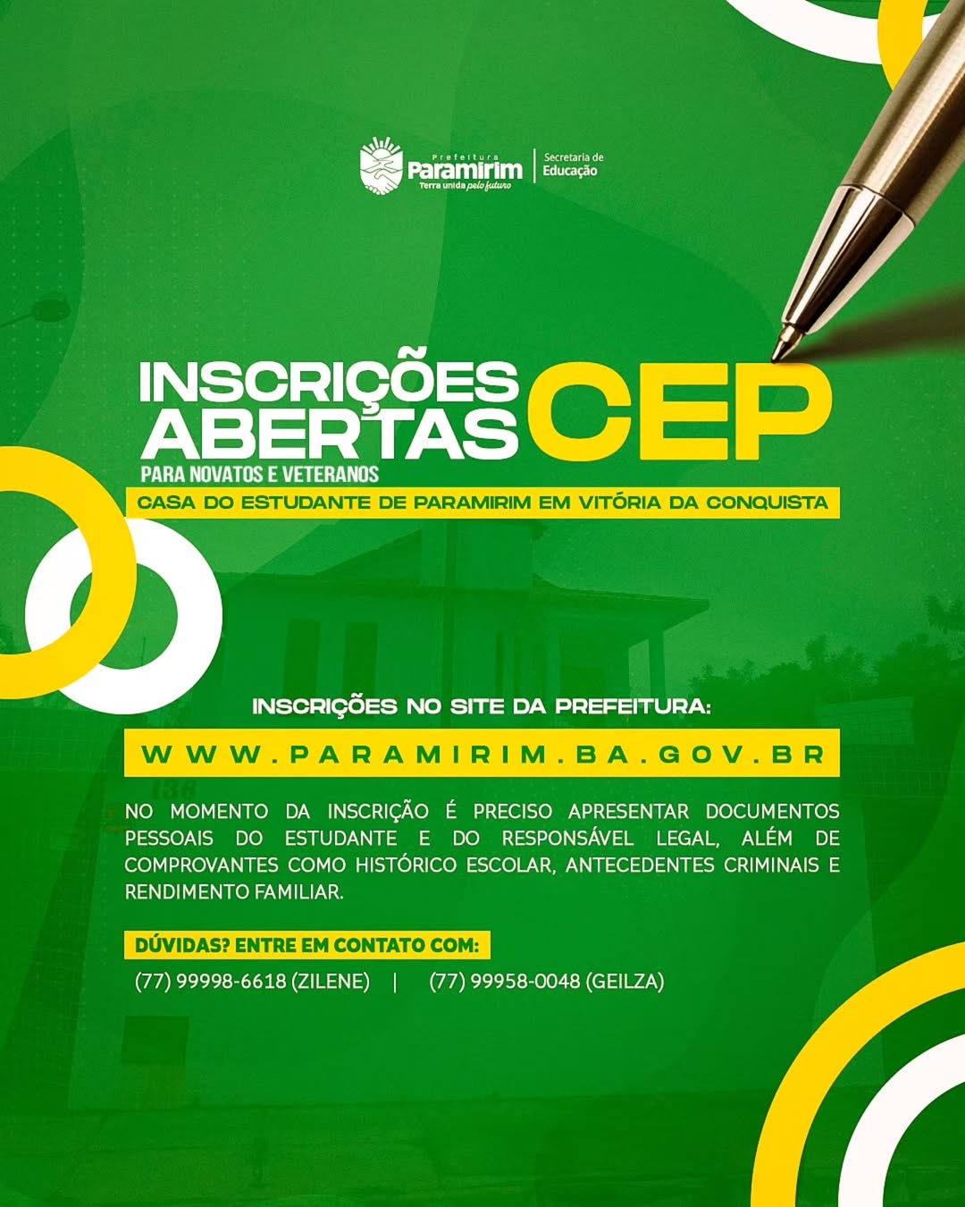 As inscrições para a Casa do Estudante de Paramirim, em Vitória da Conquista, já estão abertas. Veteranos e novos alunos devem acessar o site da Prefeitura e fazer a sua inscrição (clique no link de inscrições).