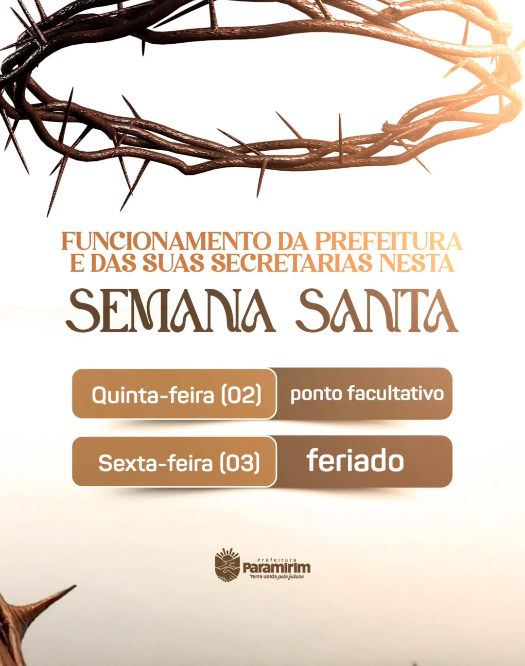 Confira o funcionamento da Prefeitura nesta Semana Santa